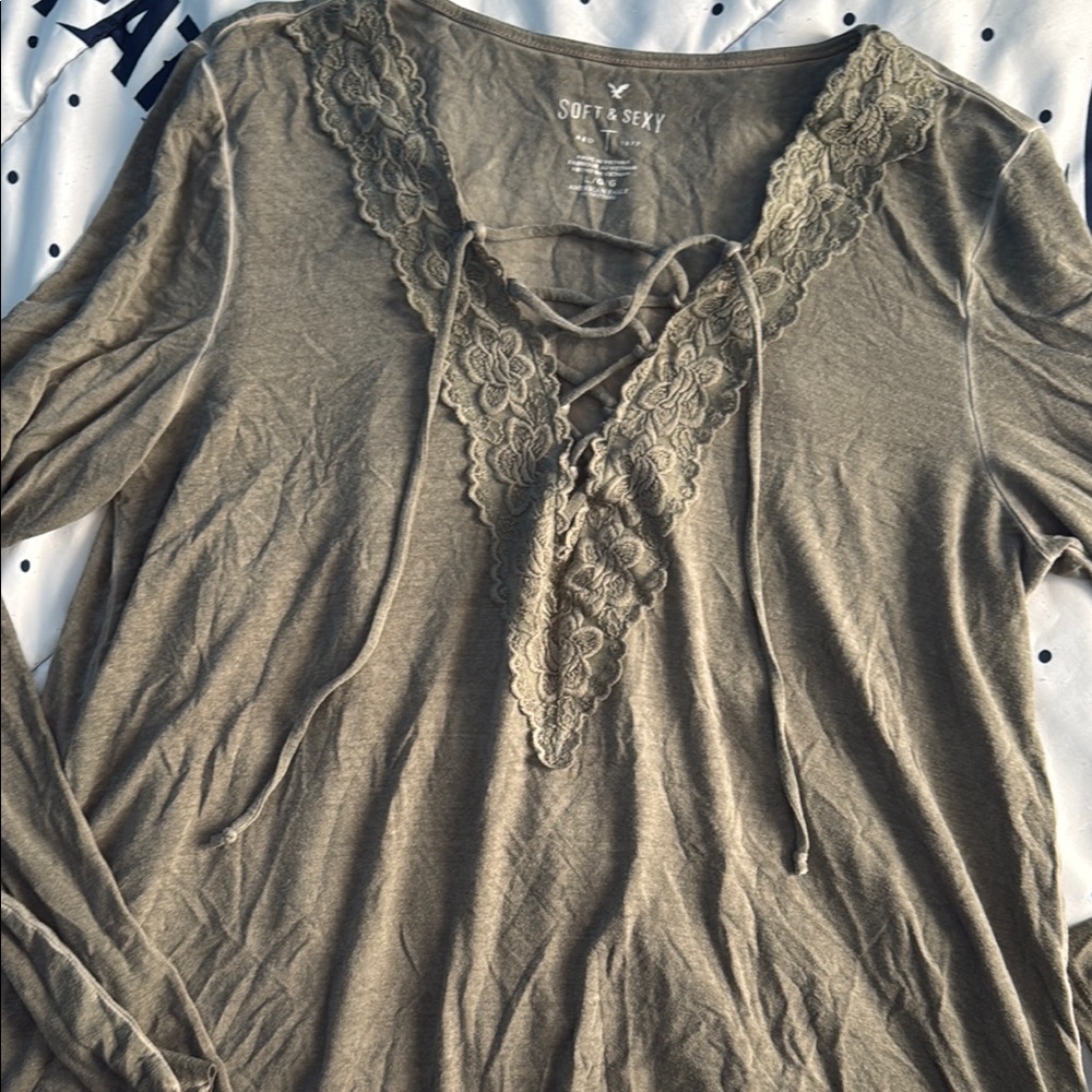 American Eagle Outfitters Green Lace-Up Blouse